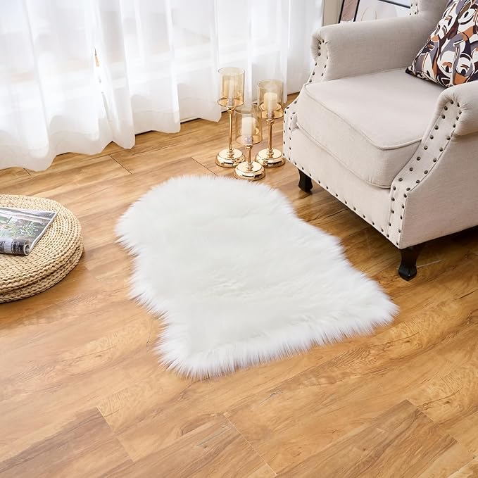 EasyJoy Ultra Soft Fluffy Shaggy Area Rug Faux Fur Rug Chair Cover Seat Pad Fuzzy Area Rug for Bedroom Floor Sofa Living Room (2 x 3 ft Sheepskin, White)