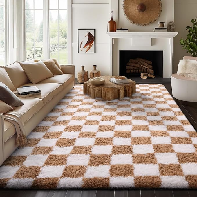 Ophanie Checkered Beige & White Rug for Living Room Bedroom, Fluffy Soft Cute Fuzzy Area Rugs, Shag Plush Shaggy Bedside Floor 8x10 Furry Carpet for Kids Baby Teen Dorm Nursery Home Decor Aesthetic