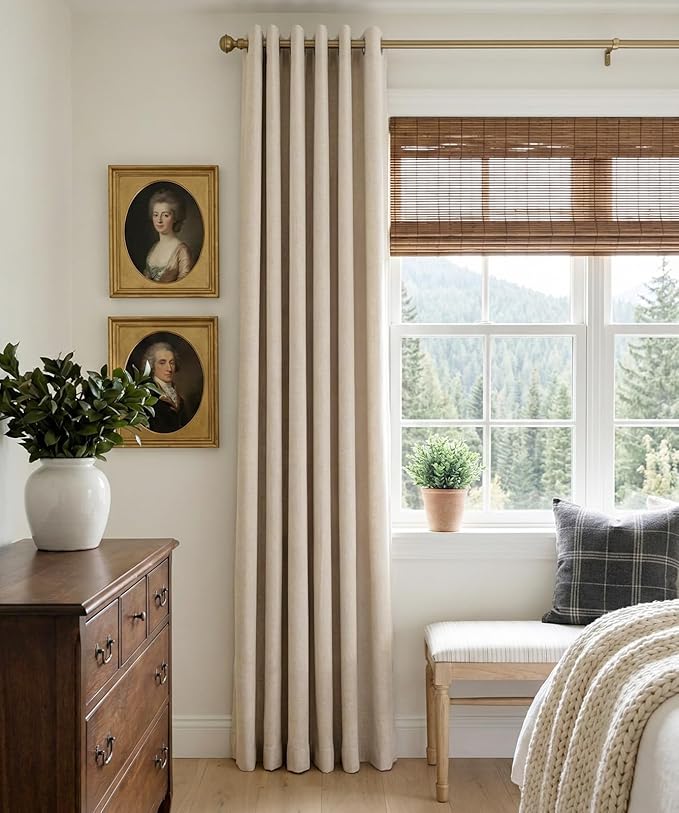 100% Blackout Shield Linen Blackout Curtains for Bedroom, Oatmeal Grommet Curtains for Living Room, Thermal Insulated Room Darkening Drapes for Nursery, Boho Home Decor, 50" W x 96" L, 2 Panels