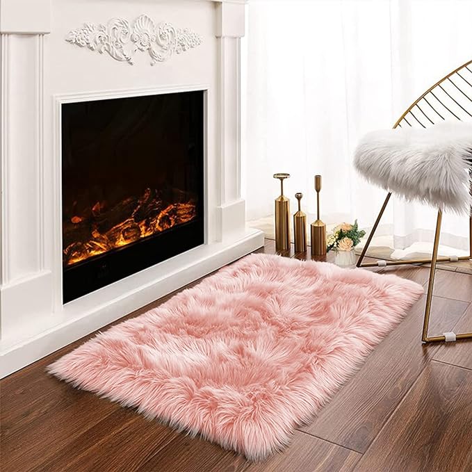 Latepis Pink 2x3 Faux Fur Rug for Bedroom Decor for Teen Girls Throw Fuzzy Fluffy Furry Sheepskin Rug for Sofa Cushion Luxury Home Décor Rectangle