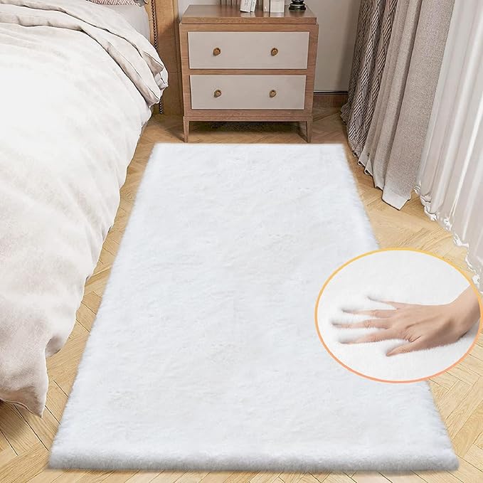 ORINOVA White Washable Furry Area Rug Runner Faux Bunny Fuzzy Fur Rugs for Bedroom Living Room 2x6 Rug Runners for Hallways Room Décor