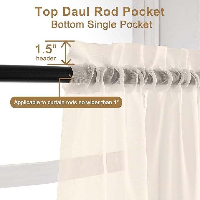 Chyhomenyc Cream Sheer Curtains 54 Inch Long 2 Panels, Short Voile Sheer Drapes for Dinning Small Windows Bathroom Living Room Bedroom, Rod Pocket, 42Wx54L Inches