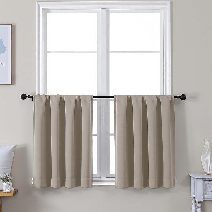 Simplebrand Ava Stone Short 24 Inches Blackout Curtain 2 Panels Set, Half Window Rod Pocket Privacy Curtain Tiers for Kitchen, Curtains Blackout for Bathroom Shades, W30 x L24 Inch, Stone