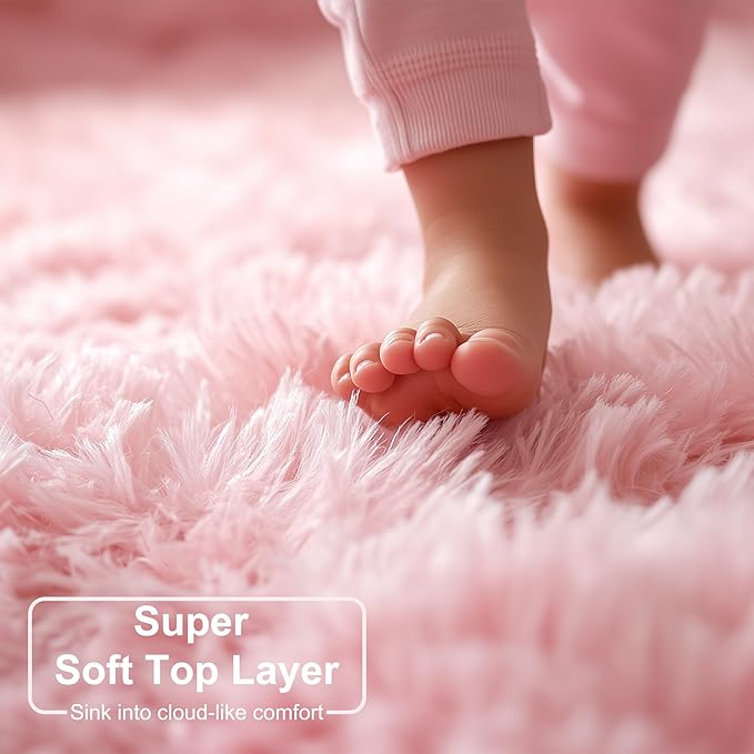 Amdrebio Pink Round Area Rugs 8Ft for Living Room, Bedroom Decor, Soft Large Circle Rug for Kids Room, Teen Girls, Fluffy Big Carpets for Baby Nursery, Dorm, Classroom, Cute Kawaii Princess Carpet