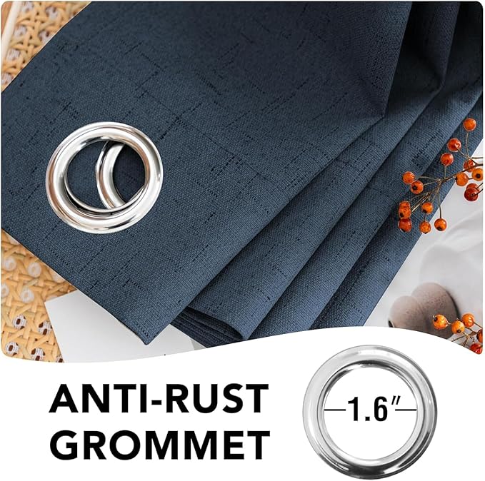 H.VERSAILTEX Linen Curtains 100% Blackout Curtains for Bedroom 90 inch Long Full Light Blocking Nature Linen Blended Window Curtains for Living Room Nickel Grommet (2 Panels, Navy)