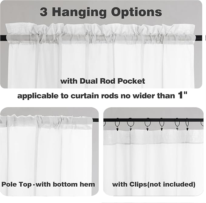 Chyhomenyc White Sheer Valances for Windows - Light Filtering Small Kitchen Curtains, Rod Pocket Short Top Window Treatment Decor for Living Room Bathroom Basement, 42Wx16L inches, 2 Panels