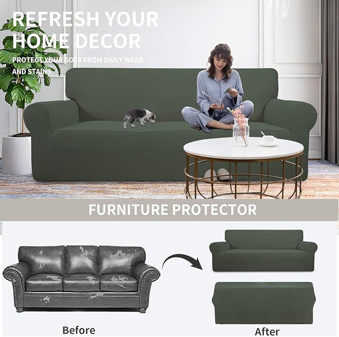 Easy-Going Stretch Sofa Slipcover 1-Piece Sofa Cover Furniture Protector Couch Soft with Elastic Bottom for Kids, Polyester Spandex Jacquard Fabric Small Checks (Sofa, Olive Green)