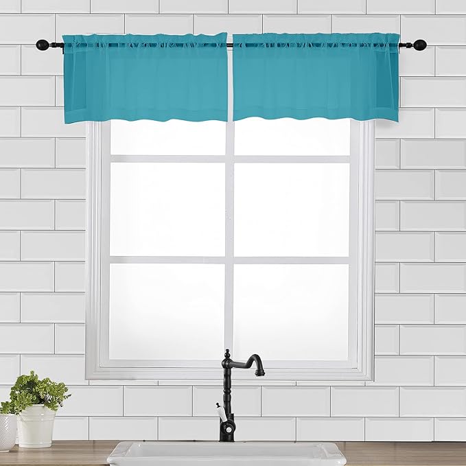 OVZME 2 Panels Turquoise Semi Sheer Valance - Short Curtain Valances for Windows, Basement, Kitchen with Dual Rod Pocket (42 by 14 Inches Long)