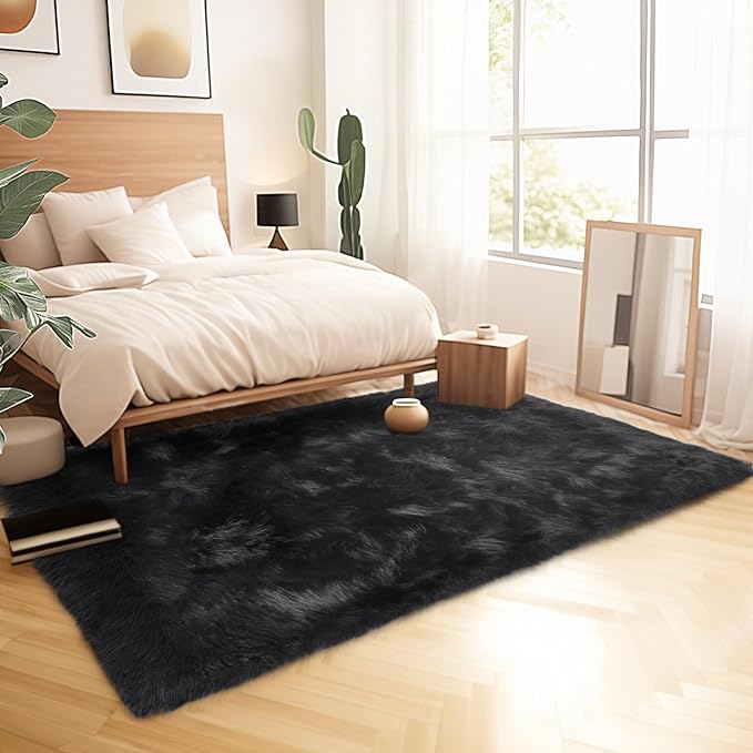 Ciicool Faux Fur Rug Black Fluffy Area Rugs for Bedroom, Thick Fuzzy Shag Rug Furry Bedside Nursery Rug for Living Room Plush Indoor Floor Carpet for Kids Room Teen Dorm, 3x5 ft