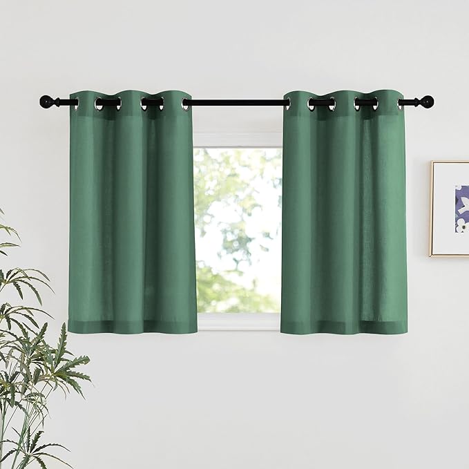 NICETOWN Olive Green Linen Kitchen Window Curtains Over Sink, Grommet Thick Linen Olive Green Short Window Treatments Privacy Assured with Light Filtering for Bedroom/Bathroom, W34 x L36, 2 Panels
