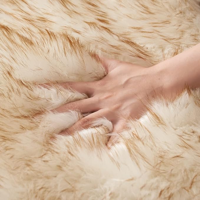 MIULEE 3x5 Feet Faux Fur Sheepskin Rug, Luxury Fluffy Area Rugs - Super Soft Decorative Shag Carpet for Bedroom, Living Room, and Nursery, White and Brown