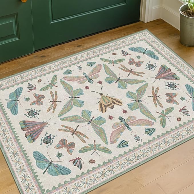 Hazo Haus Washable Boho Bathroom Rug 2x3, Small Throw Rugs for Kitchen, Powder Room, Front Door Indoor Entrance, Non Slip Low Pile Stain Resistant, Dusty Green Colorful Cool Insect Aethestic