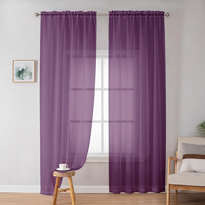 OWENIE Sheer Curtains 72 Inches Long 2 Panels Set, Transparent Light Filtering Plum Sheer Curtain Rod Pocket Clear Drapes for Living Room Bedroom Window Sliding Glass Door, Each 42 x 72 Inch, Plum