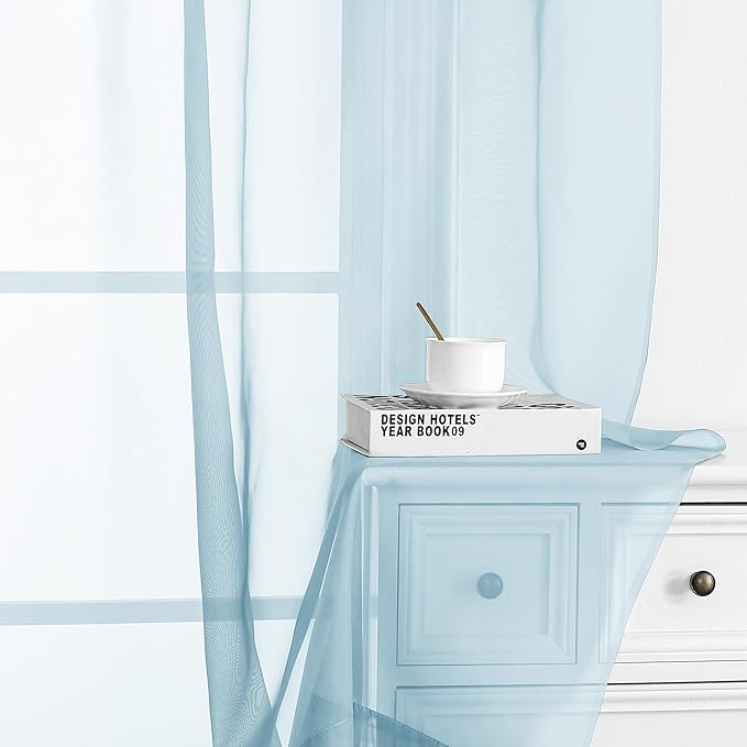Chyhomenyc Sheer Sky Blue Tier Curtains 24 Inch Length, Small Window Curtains Treatment for Bathroom Living Room Basement, Short Rod Pocket Cafe Curtain, 42W x 24L Inches, 2 Panels