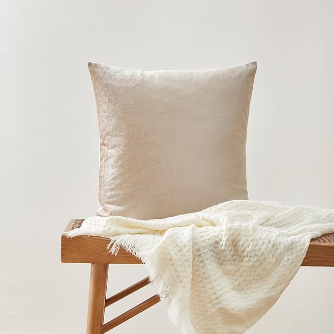 GIGIZAZA Beige Velvet Pillow Covers: Pack of 2 Super Soft Throw Pillows Solid Vintage Covers - 18x18 Decorative Elegant Champagne Couch Small Square Cushion Covers Used for Living Room,Bedroom