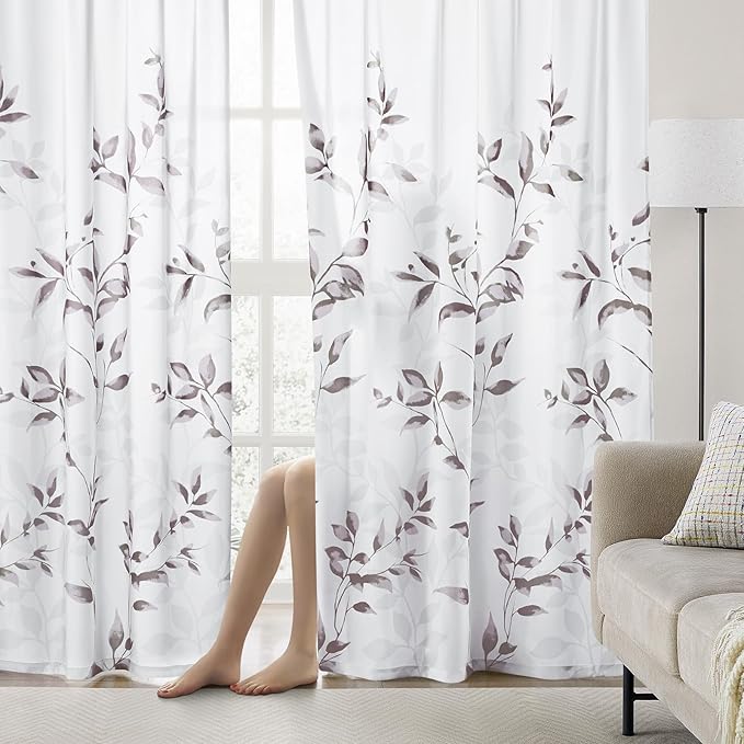 HOMEIDEAS Non-See-Through Dry Rose and White Privacy Sheer Curtains 52 X 63 Inch Length 2 Panels, Leaf Floral Printed Light Filtering Semi Sheer Window Curtains Drapes for Bedroom Living Room