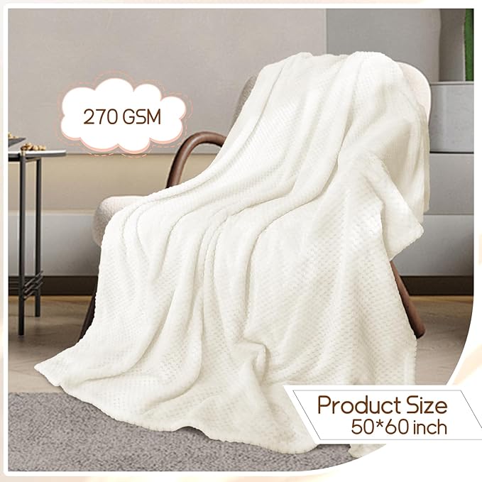 4 Pack Fleece Throw Blankets 50x60 Inches - Oeko-Tex Certified 100, 270 GSM Ultra Soft Plush for Bed, Couch and Cozy Gifts. 3D Waffle Texture, No Shedding No Pilling All Season (Cream)