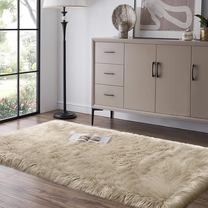 Beige Fluffy Rug for Bedroom, 2'X6' Faux Fur Rug for Runner, Soft Shag Rug for Sofa Couch Cushion, Cozy Shaggy Fuzzy Plush Floor Carpet for Nursery, Cute Bedside Dorm Home Decor Rectangle