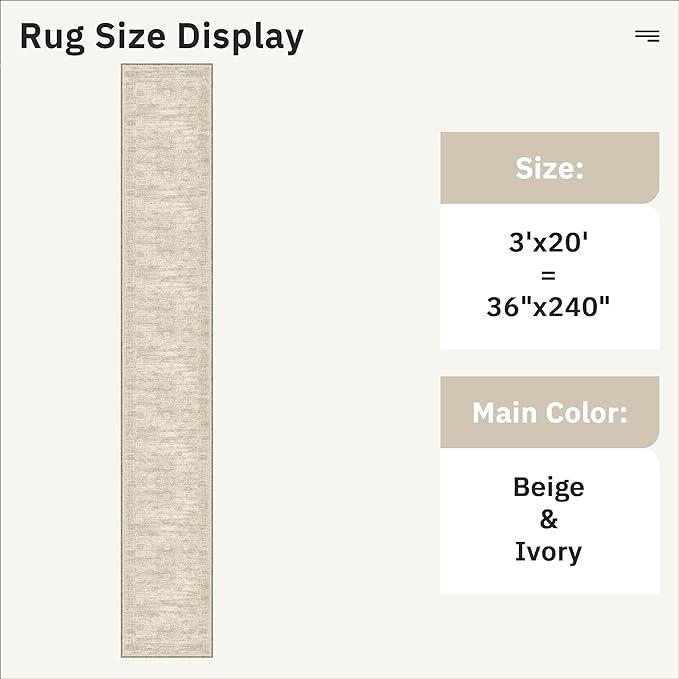 3x20 Hallway Runner Rug - Extra Long Carpet Runners for Hallways 20ft Non Slip Stain Resistant Rugs Runner for Living Room Bedroom 20 Feet Floor Carpet for Kitchen, Beige