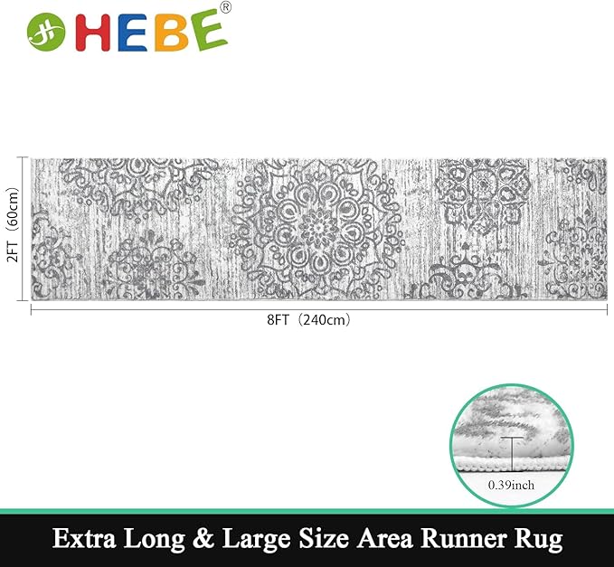 HEBE Hallway Runner Rug 2'x8' Washable Vintage Distressed Area Rugs Non Slip Laundry Rug Runner Boho Floor Carpet Runners for Hallways Entryway Laundry Room Kitchen Bathroom,Grey