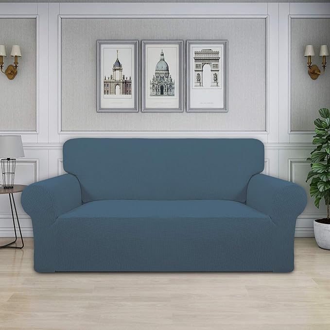 Easy-Going Stretch Oversized Loveseat Slipcover 1-Piece Sofa Cover Furniture Protector Couch Soft with Elastic Bottom for Kids Polyester Spandex Jacquard Fabric Small Checks Bluestone