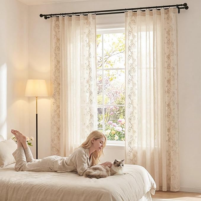 jinchan Evelyn Embroidered Linen Curtains for Living Room Farmhouse Floral Curtains for Bedroom Semi Sheer Light Filtering Window Drapes Rod Pocket Back Tab 2 Panels W50 x L96 Beige