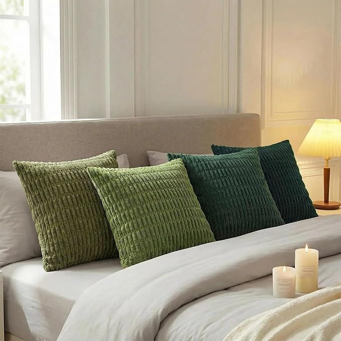 Fancy Homi Set of 4 Green Boho Winter Decorative Throw Pillow Covers 26x26 Inch for Couch Bed Sofa, Aesthetic Modern Bohemian Room Decor, Fuzzy Fluffy Cozy Corduroy Textured Cushion Case 66x66cm
