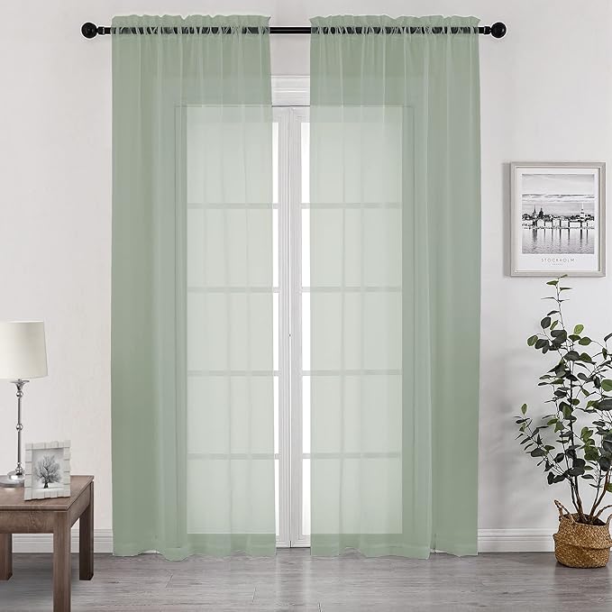 Chyhomenyc Living Room Sheer Curtains 96 Length 2 Panels Set for French Door, Gorgeous Window Decoration for Wedding & Party & Backdrop & Canopy, Sage Green, Each 42Wx96L in, 8 Feet
