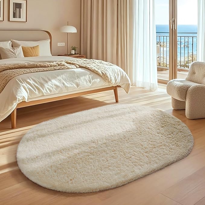 Ophanie 4x6 Oval Ivory Rugs for Bedroom Living Room, Fluffy Fuzzy Furry Carpet, Plush Soft Shaggy Bedside Indoor Floor Area Rug for Kids Girls Boys Baby Teen Dorm Nursery Home Decor Aesthetic