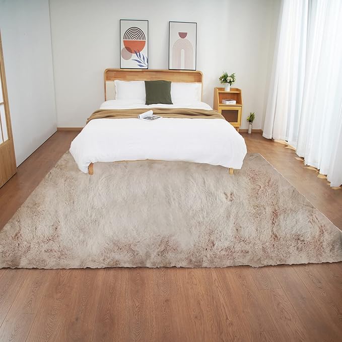 Ghouse Beige 8x10 Area Rug Fluffy Faux Rabbit Fur Rug Beige Rug Plush Fuzzy Shag Rug for Living Room, Bedroom, Playing Room, Nursery Room