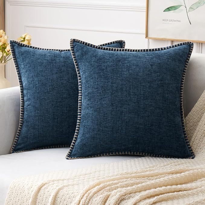 MIULEE Pack of 2 Couch Throw Pillow Covers 18x18 Inch Dark Blue Farmhouse Decorative Pillow Covers with Stitched Edge Soft Chenille Solid Dyed Spring Pillow Covers for Sofa Bed Living Room