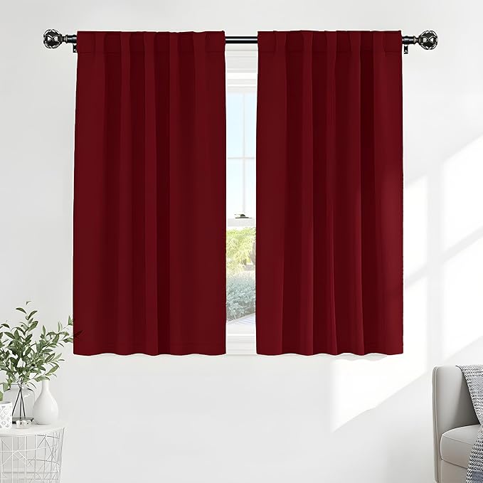 PONY DANCE Blackout Curtain Panels - Red Drapes Christmas Home Decoration Modern Elegant Back Tab Rod Pocket Curtains Room Darkening Energy Saving for Bedroom, 42 x 45 inch, Red, One Pair