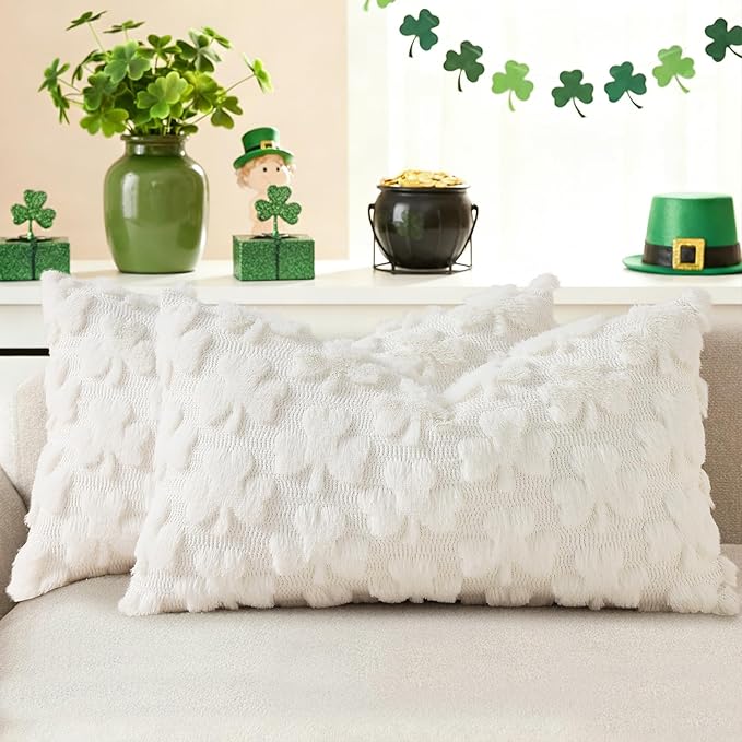 decorUhome St. Patrick’s Day Shamrock Pillow Covers 12x20 Inch Set of 2, Soft Plush Faux Wool Cream White Throw Pillow Covers, Farmhouse Spring Holiday Decor for Sofa Living Room