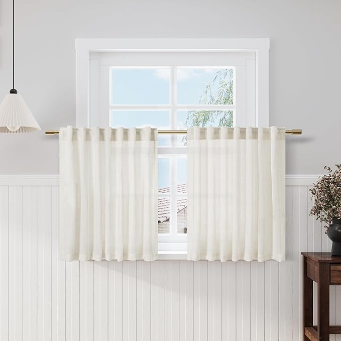 Nanspring Linen Textured Half Curtains for Windows Back Tab Rod Pocket Window Toppers Valances Cream Semi Sheer Translucent Privacy for Home Office Guest Room Cabinet Laundry Room 2 Panels Set 52x26