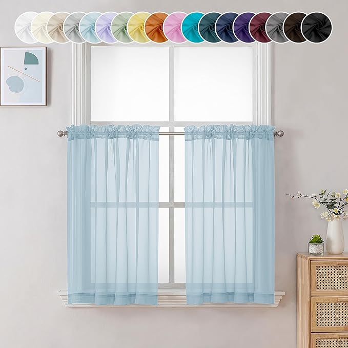 Chyhomenyc Sheer Sky Blue Tier Curtains 24 Inch Length, Small Window Curtains Treatment for Bathroom Living Room Basement, Short Rod Pocket Cafe Curtain, 42W x 24L Inches, 2 Panels