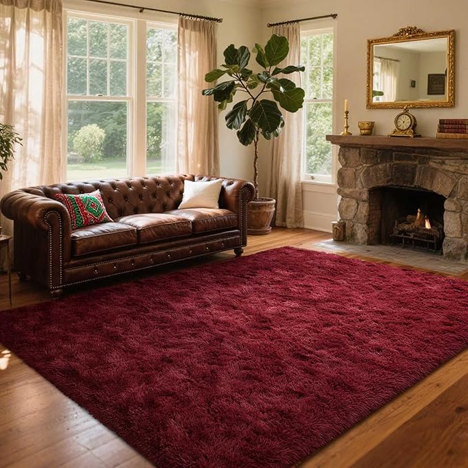 8x10 Ft Extra Large Shag Rugs for Living Room, Ultra Soft Fluffy Furry Area Rugs for Bedroom Indoor Floor, Aesthetic Carpet for Kids Home Decor (Burgundy)