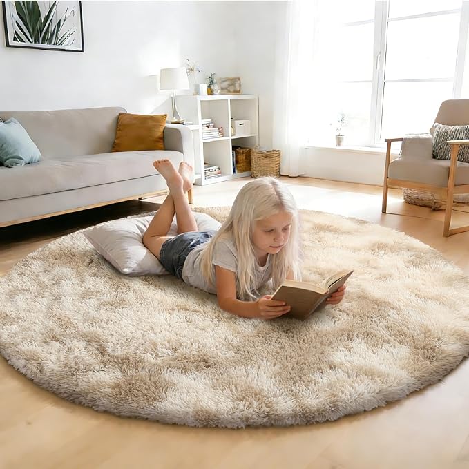 Tie-Dyed Beige Fluffy Round Rug,Soft Area Rugs for Girls Room,Shaggy Rugs 4'X4' for Living Room,Non Slip Circle Rug for Kids Bedroom,Shag Plush Nursery Carpets,Fuzzy Rug for Dorm,Room Decor Carpet