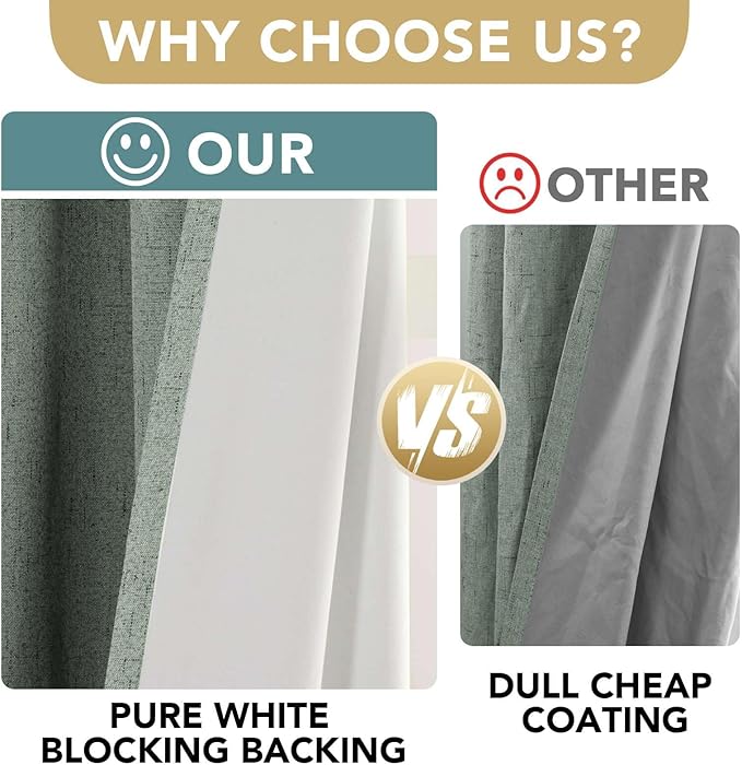 H.VERSAILTEX Bedroom Curtains Blackout Linen Blackout Curtains 84 Inches Long, 100% Blackout Thermal Textured Linen Look Curtain Draperies Grommet with White Liner, 2 Panels, Green Bay