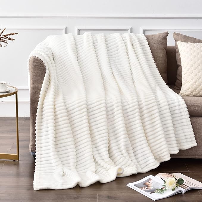 BEDELITE Fleece Blanket Twin Size – 3D Ribbed Jacquard Soft and Warm Decorative Fuzzy Blankets – Cozy, Fluffy, Plush Lightweight Throw Blankets for Couch, Bed, Sofa(Off White, 60x80 inches)