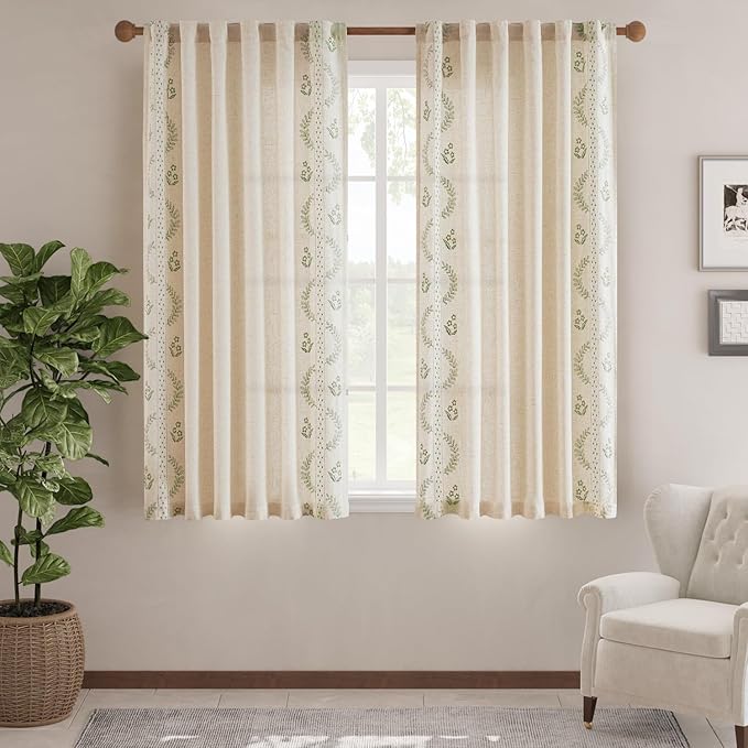 jinchan Belrose Linen Curtains for Bedroom Floral Curtains 72 Inch Length Linen Blend Sage Green Embroidered Drapes Farmhouse Flower Patterned Drapes for Living Room Window Treatments Set 2 Panels