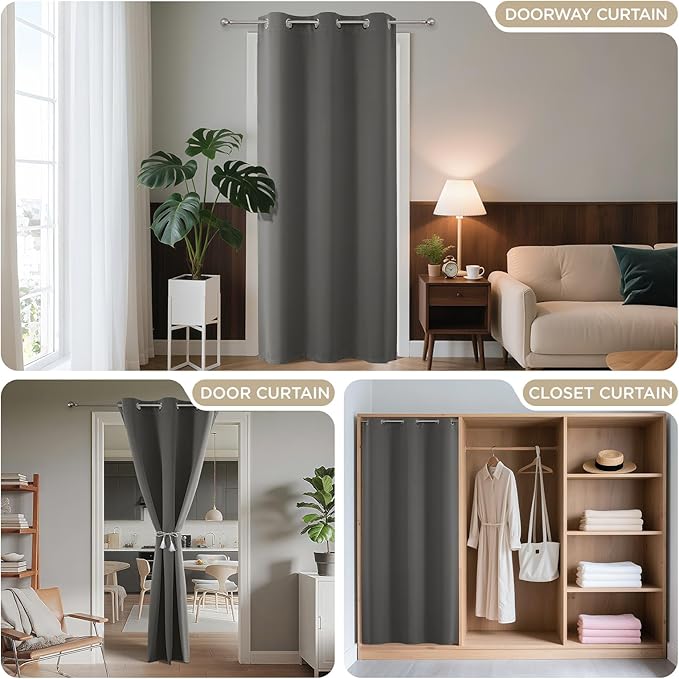 Joydeco Blackout Door Curtain for Doorway Privacy 78 Inches Long, Grommet Closet Curtain for Open Closet, Room Divider for Bedroom Living Room (Light Grey, 52Wx78L, 1 Panel)