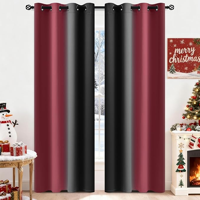 Yakamok Blackout Ombre Burgundy and Black Curtains for Bedroom, Gradient Room Darkening Curtains, Grommet Thermal Insulated Light Blocking Window Drapes/Curtain for Living Room,52 x 84 Inch,2 Panels