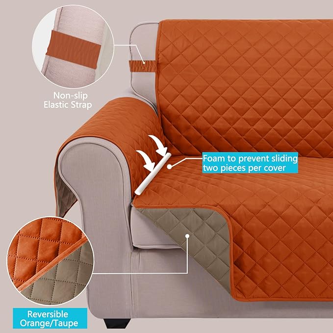 U-NICE HOME 4 Seater Sofa Cover 91 Inch Large Couch Covers for 4 Cushion Couch with Elastic Straps Water Resistant Furniture Protector Cover for Pets Cat (Sofa XX-Large, Orange/Taupe)