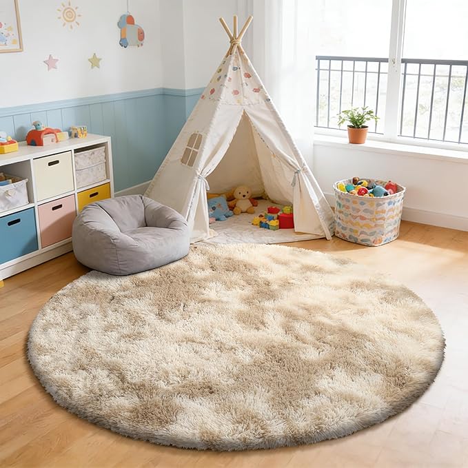 Tie-Dyed Beige Fluffy Round Rug,Soft Area Rugs for Girls Room,Shaggy Rugs 4'X4' for Living Room,Non Slip Circle Rug for Kids Bedroom,Shag Plush Nursery Carpets,Fuzzy Rug for Dorm,Room Decor Carpet