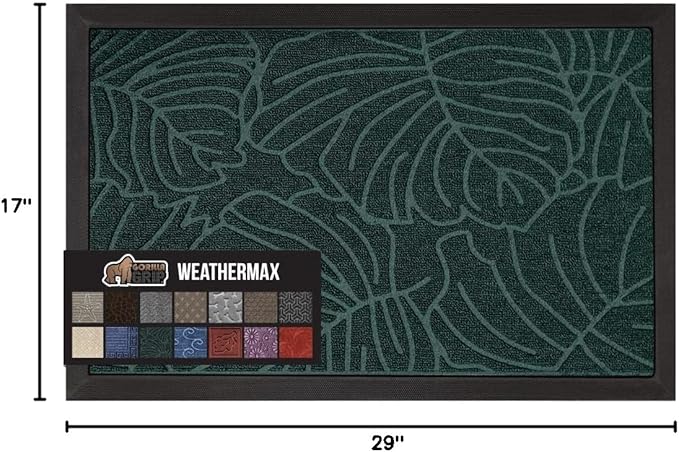 GORILLA GRIP 100% Waterproof All-Season WeatherMAX Doormat US Designed Natural Rubber, Stain and Fade Resistant, Low Profile Indoor Outdoor Door Mats, Easy Clean Patio Mat, 29x17, Green Palm