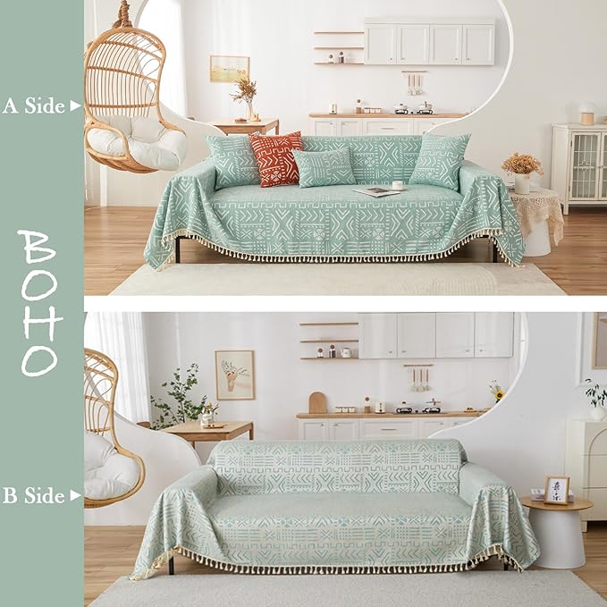 HANDONTIME Farmhouse Couch Cover Tassel Light Green Sofa Covers for Dogs Boho Décor Geometric Aztec Couch Cushion Cover Sofa Protector Cover Sectional Couch Covers for 3 Cushion Couch, 71" X150"