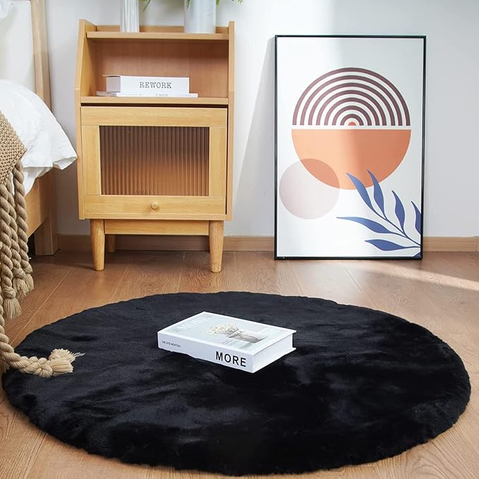 Ghouse Faux Rabbit Fur Round Rug 4ft Black Round Rugs for Bedroom Decor Fluffy Area Rugs for Living Room, no-Shedding Carpet Sheepskin Washable Rug Rome Decor