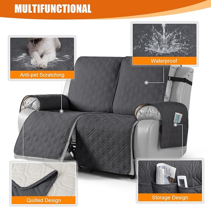 VANSOFY Waterproof Recliner Couch Covers, Sofa Covers 1-Piece Washable Reclining Sofa Cover Non-Slip Furniture Protector with Elastic Straps Pocket for Dogs, Pets(Charcoal Gray,2 Seater)