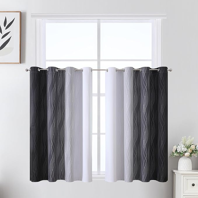 Estelar Textiler Black and Greyish White Ombre Short Blackout Kitchen Curtains 36 Inch Long, Thermal Insulated Grommet Small Half Window Drapes for Cafe/Basement/RV Camper, 52Wx36L, 2 Panels