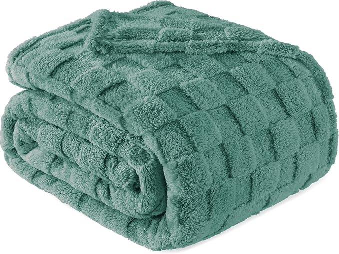 Exclusivo Mezcla King Size Flannel Fleece Blanket, Super Soft and Warm Lightweight Checkered Pattern Blankets for All Seasons, 90x104 Inches, Celadon